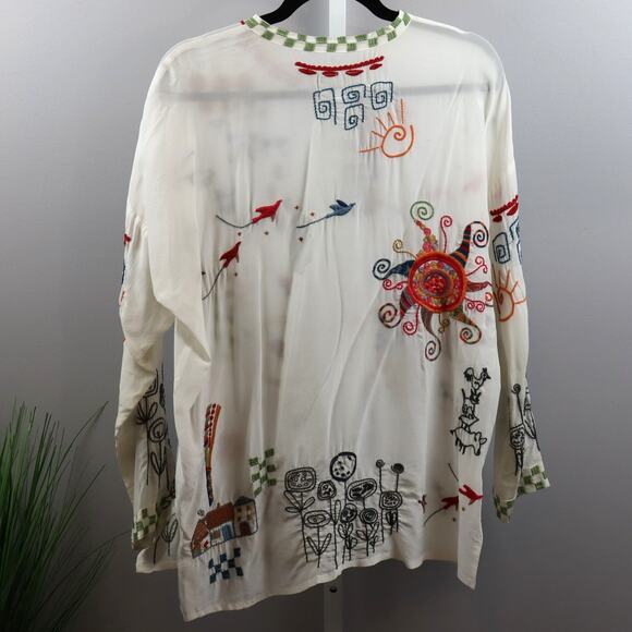 Biya by Johnny Was Embroidered Silk Blouse Ivory Multicolor Sz S - Picture 2 of 4